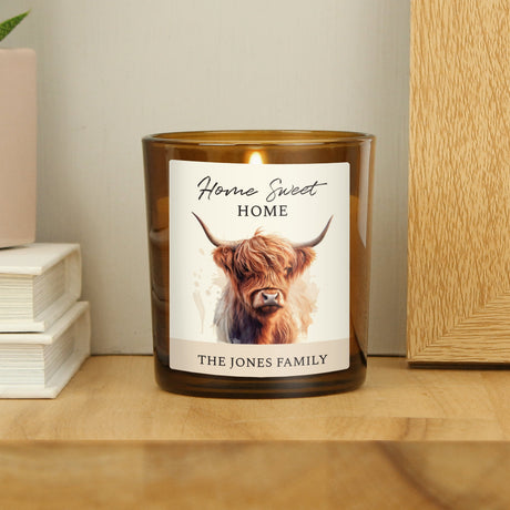 Personalised Amber Glass Highland Cow Candle: 2 - Candles By Gift Moments