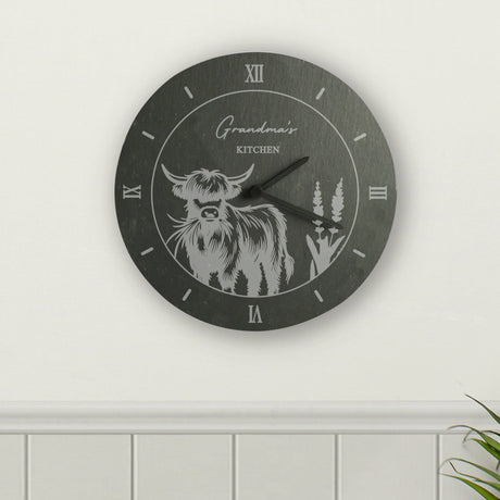 Personalised Highland Cow Slate Wall Clock: 4 - Clocks By Gift Moments