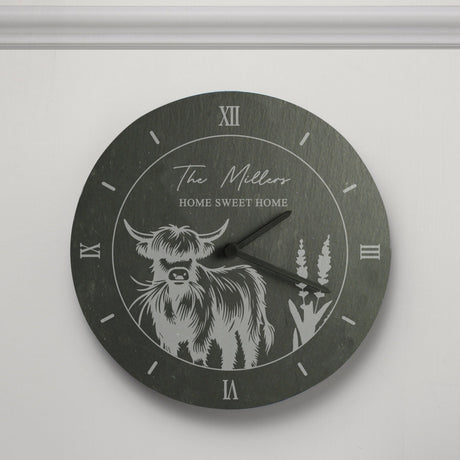 Personalised Highland Cow Slate Wall Clock: 3 - Clocks By Gift Moments