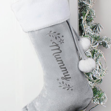 Personalised Grey Holly Christmas Stocking: 4 - Christmas Stockings By Gift Moments