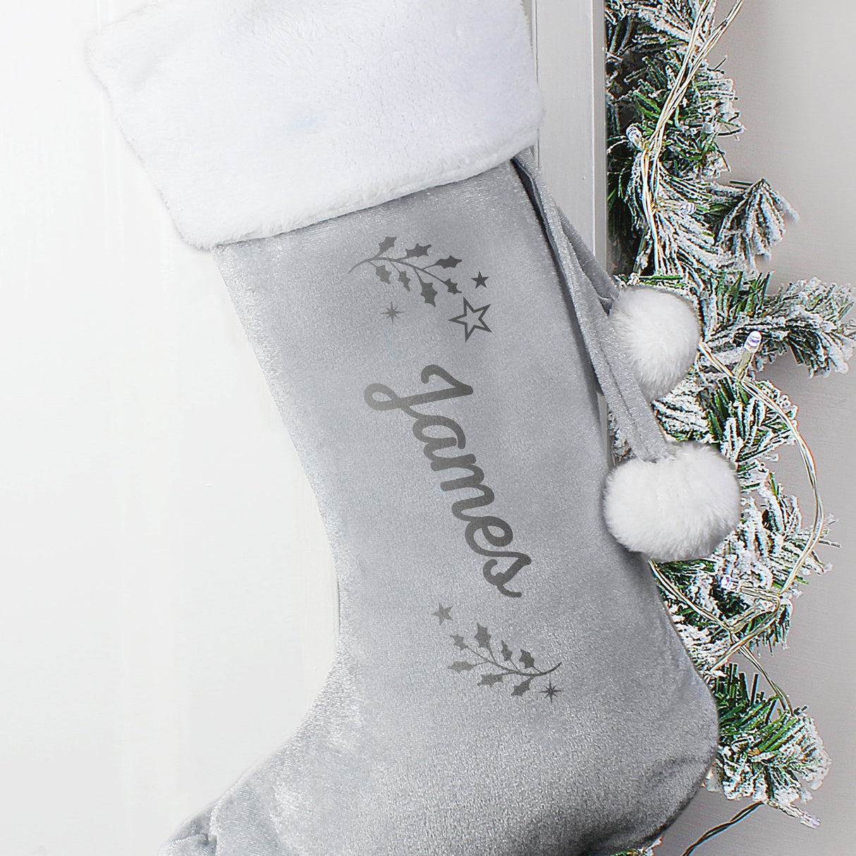 Personalised Grey Holly Christmas Stocking: 2 - Christmas Stockings By Gift Moments