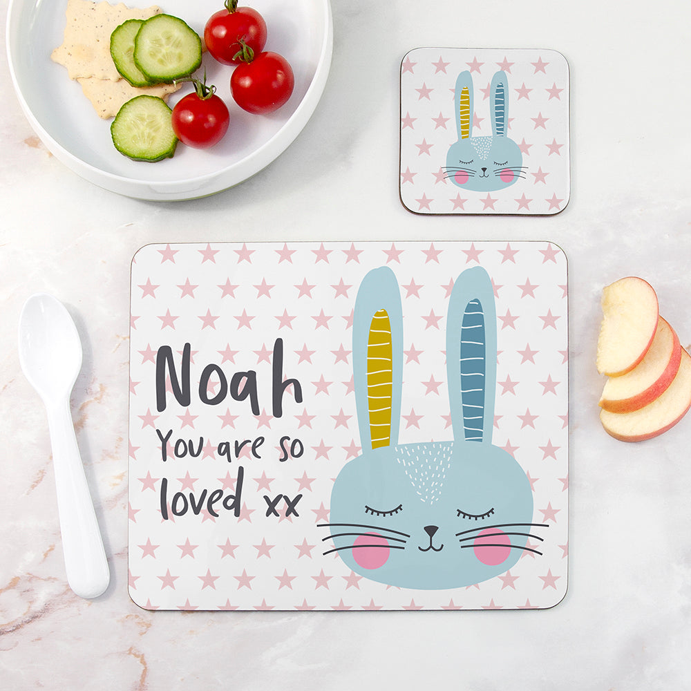 Personalised Kid's Bunny Placemat & Coaster Sets Blue - Placemats at Gift Moments