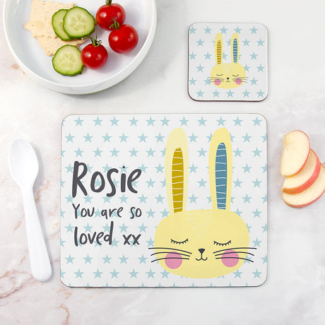 Personalised Kid's Bunny Placemat & Coaster Sets Yellow - Placemats at Gift Moments