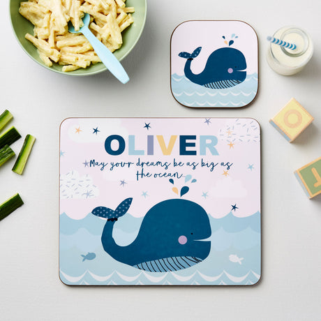 Personalised Kids Whale Placemat & Coaster Set: 1 - Placemats By Gift Moments