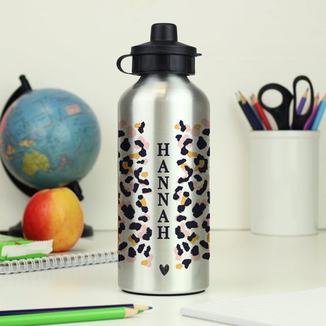 Personalised Leopard Print Silver Water Bottle: 1 - Kids Bottles By Gift Moments