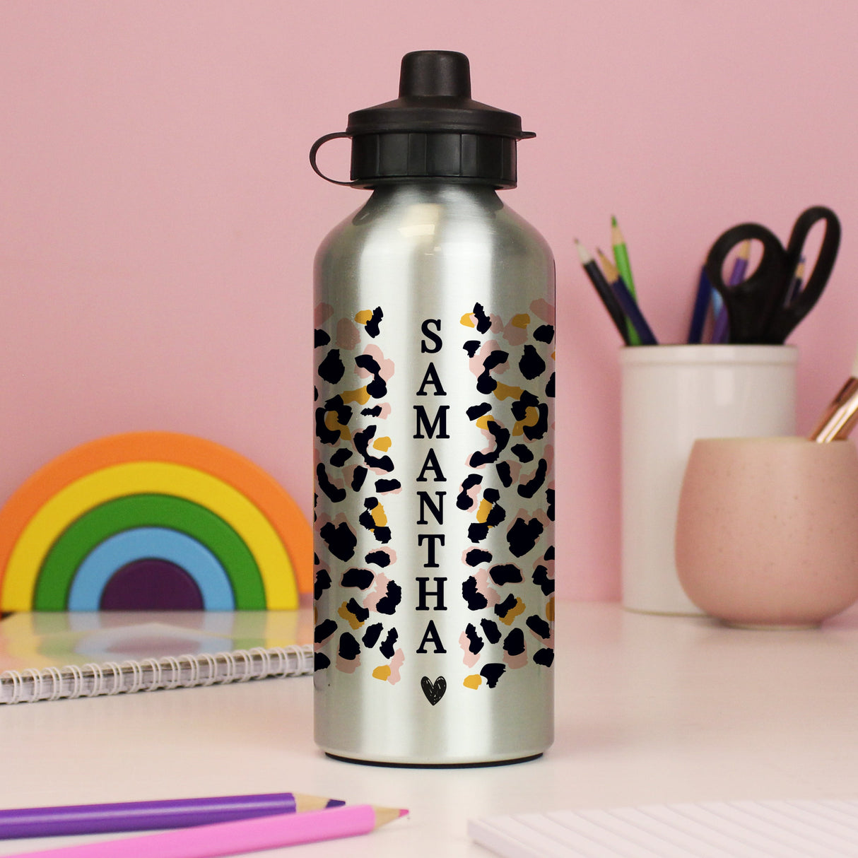 Personalised Leopard Print Silver Water Bottle: 2 - Kids Bottles By Gift Moments