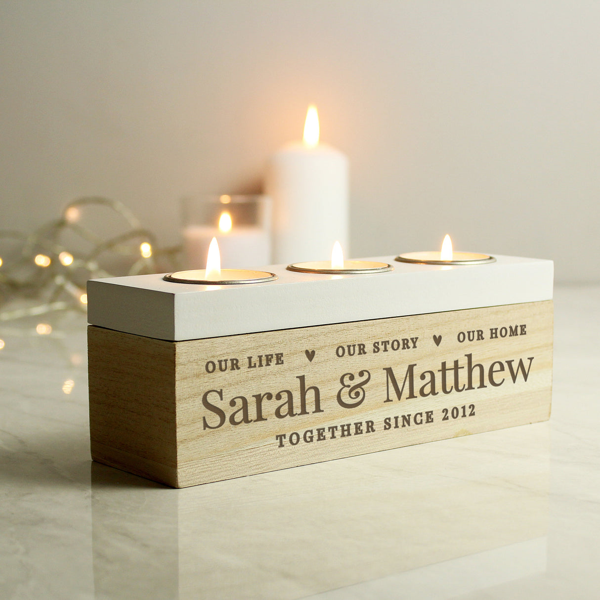 Personalised Our Life Story Triple Tea Light Box: 1 - Candle Holders By Gift Moments