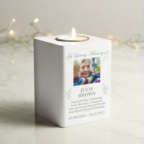 Personalised Memorial Photo Upload White Wooden Tea light Holder: 4 - Candle Holders By Gift Moments