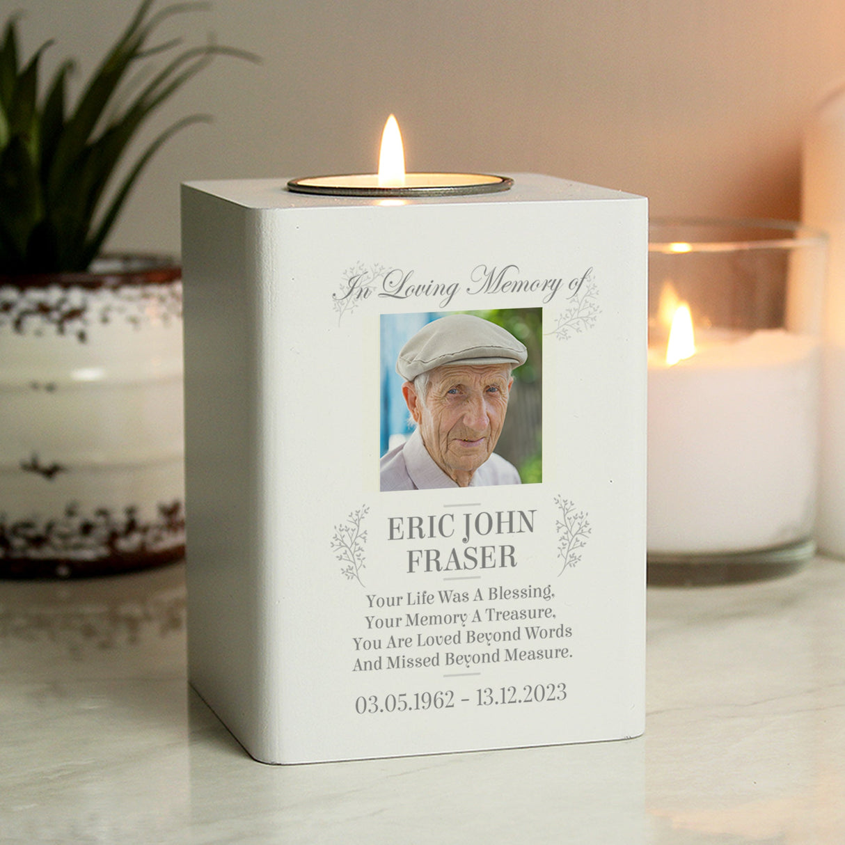 Personalised Memorial Photo Upload White Wooden Tea light Holder: 1 - Candle Holders By Gift Moments