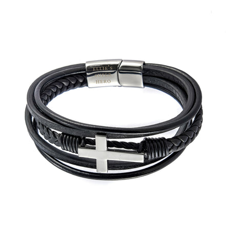 Personalised Men's Black Leather Cross Stacked Bracelet Default Title - Bracelets at Gift Moments