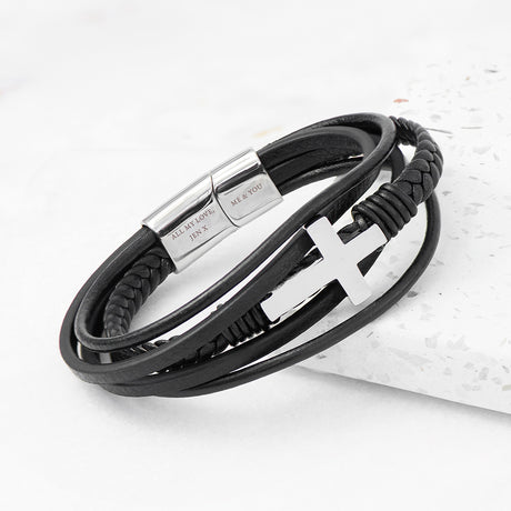 Personalised Men's Black Leather Cross Stacked Bracelet - Bracelets at Gift Moments