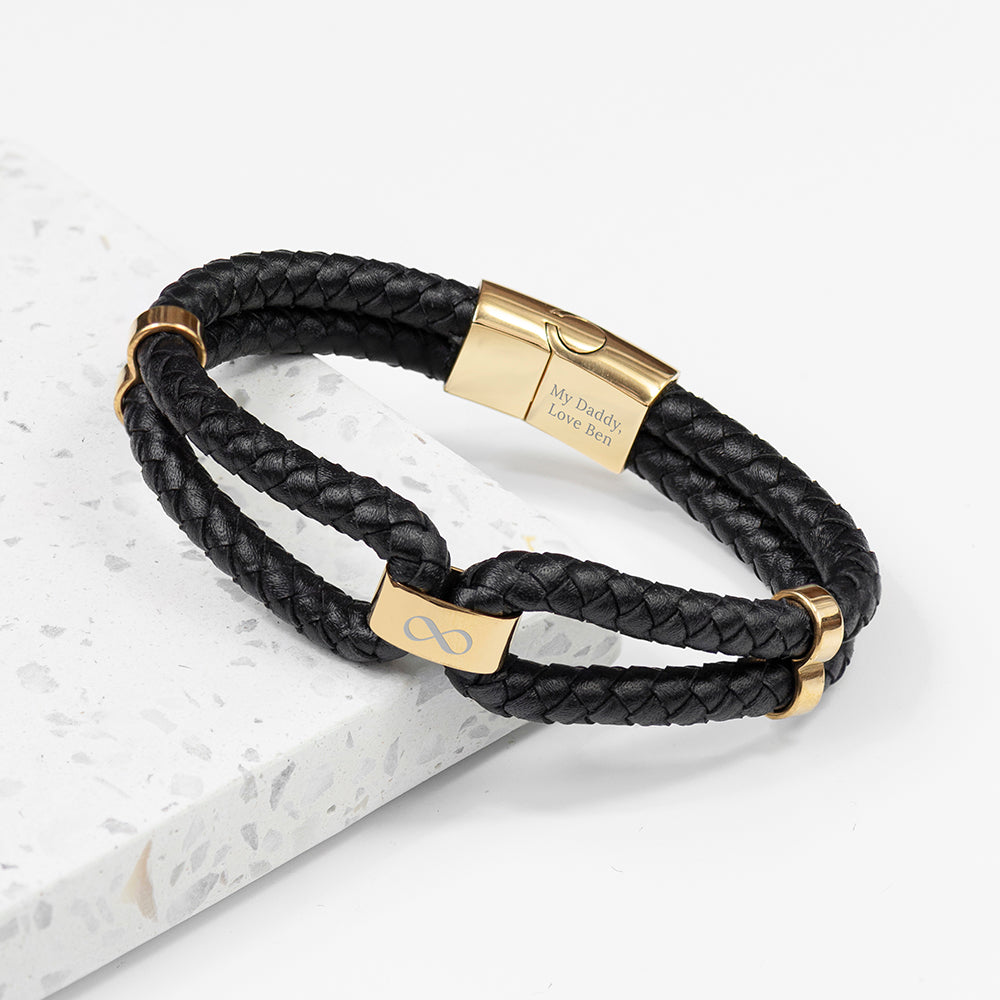 Personalised Men’s Infinity Dual Leather Bracelets: 3 - Gold - Bracelets By Gift Moments