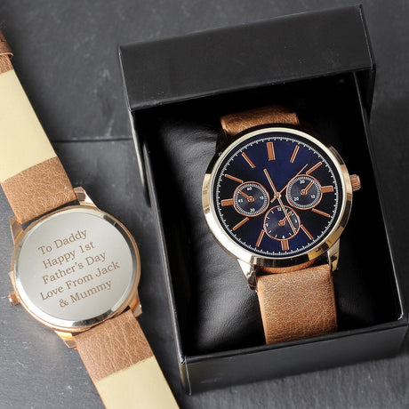 Personalised Men’s Rose Gold Watch with Brown Strap: 1 - Watches By Gift Moments