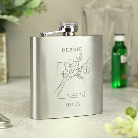 Personalised Monochrome Floral Stainless Steel Hip Flask: 8 - Hip Flasks By Gift Moments