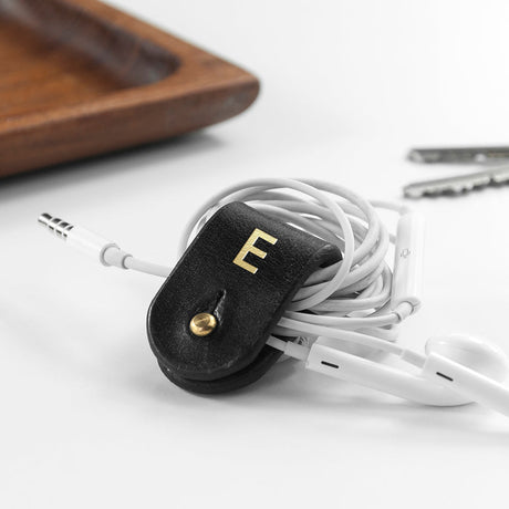 Monogrammed Leather Earphones Holder: 1 - Black - Tech Accessories By Gift Moments