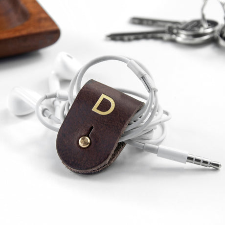 Monogrammed Leather Earphones Holder: 3 - Brown - Tech Accessories By Gift Moments