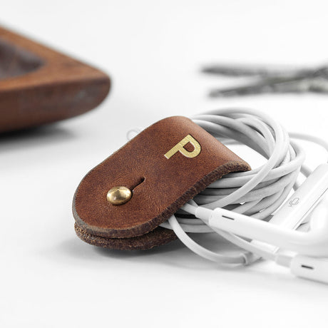 Monogrammed Leather Earphones Holder: 2 - Tan - Tech Accessories By Gift Moments