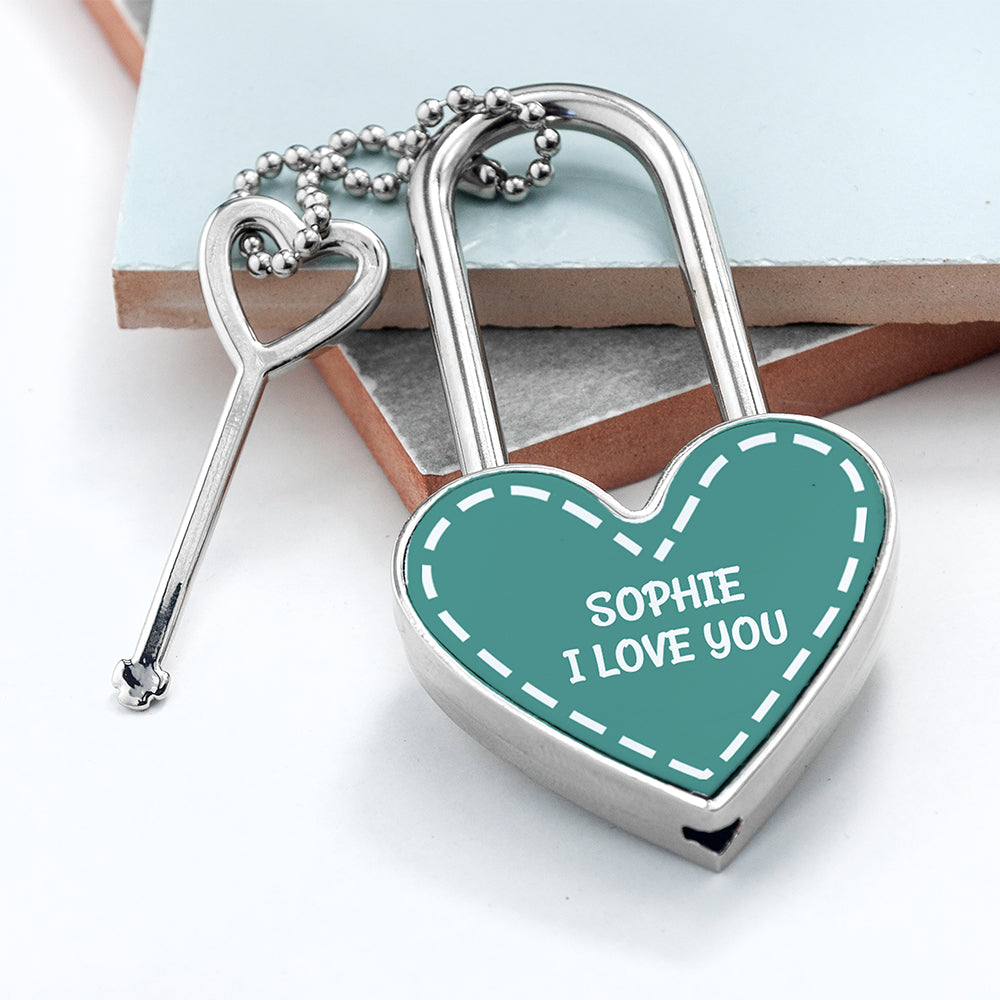 Personalised Parisienne Love Heart Padlocks Teal - Keyrings at Gift Moments