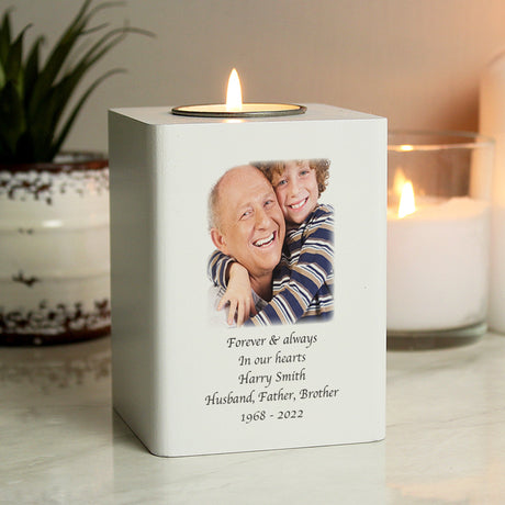 Personalised Photo Upload White Wooden Tea light Holder: 3 - Candle Holders By Gift Moments