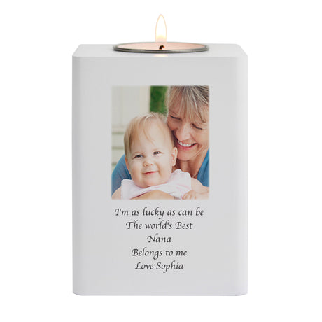 Personalised Photo Upload White Wooden Tea light Holder: 8 - Candle Holders By Gift Moments