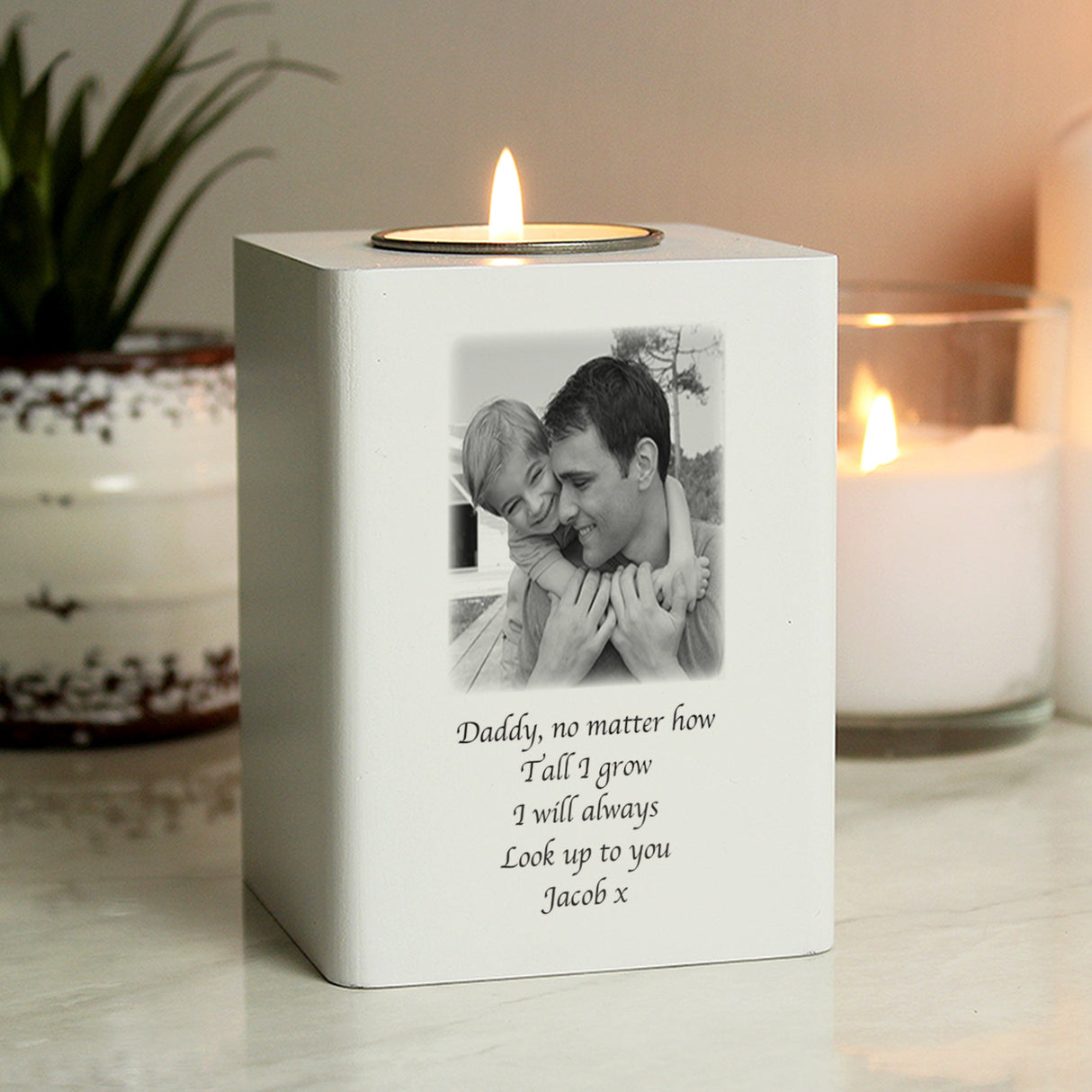 Personalised Photo Upload White Wooden Tea light Holder: 2 - Candle Holders By Gift Moments