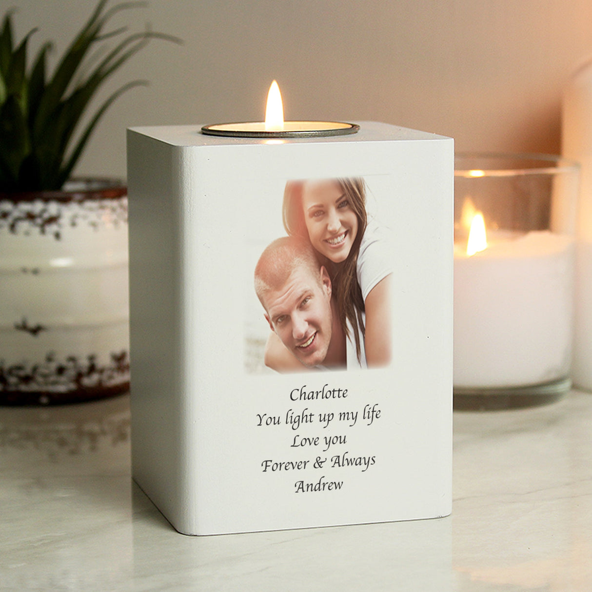 Personalised Photo Upload White Wooden Tea light Holder: 4 - Candle Holders By Gift Moments