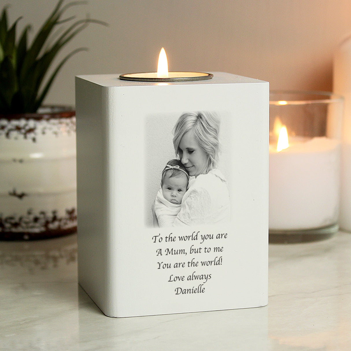 Personalised Photo Upload White Wooden Tea light Holder: 7 - Candle Holders By Gift Moments