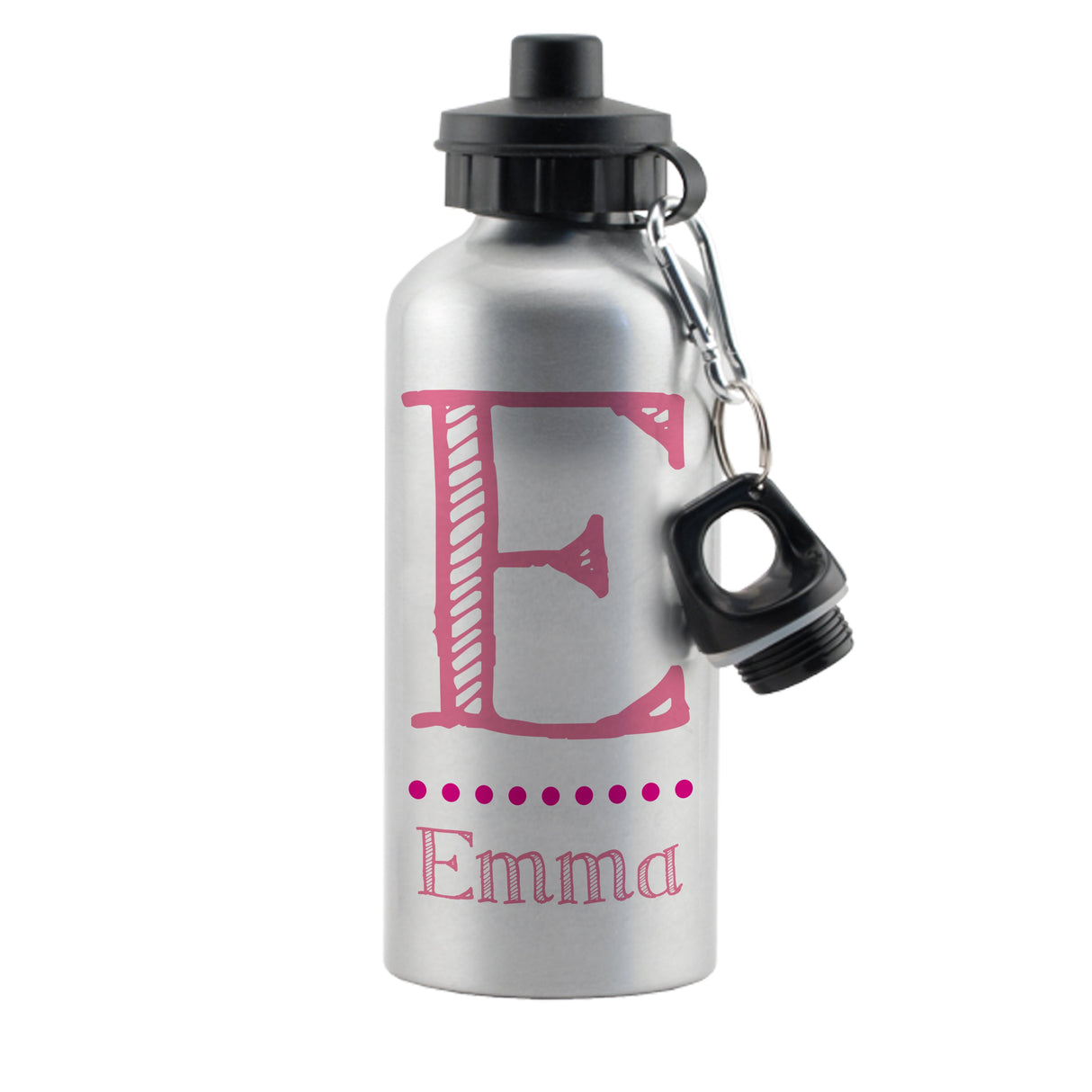 Personalised Pink Name Silver Water Bottle: 4 - Kids Bottles By Gift Moments