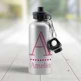 Personalised Pink Name Silver Water Bottle: 2 - Kids Bottles By Gift Moments