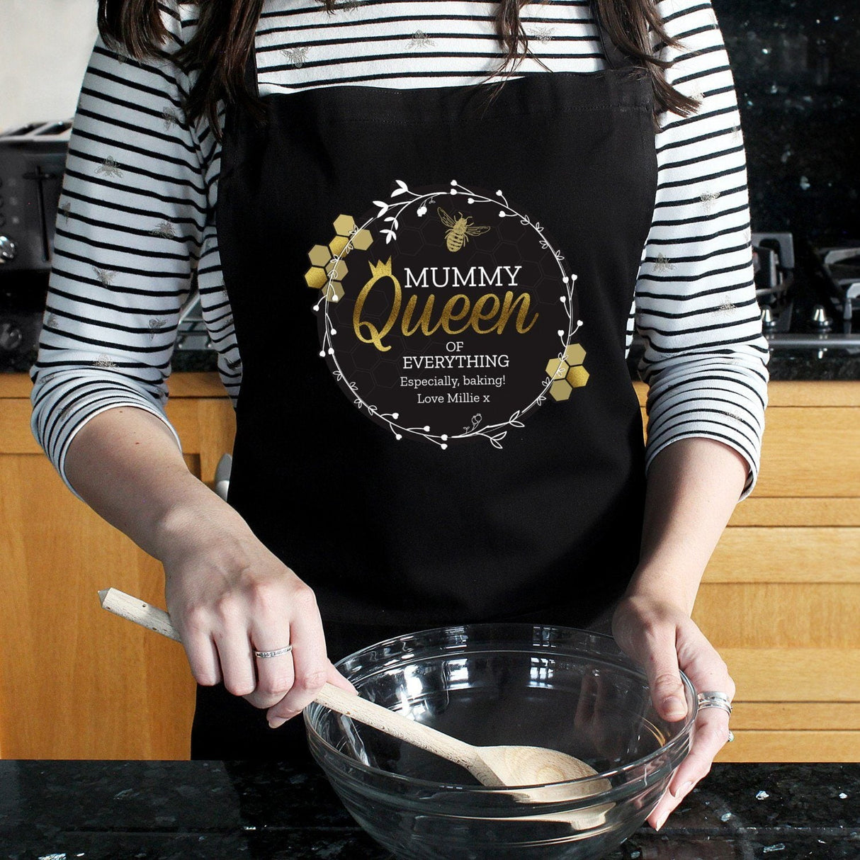 Personalised Queen Bee Black Apron: 1 - Aprons By Gift Moments