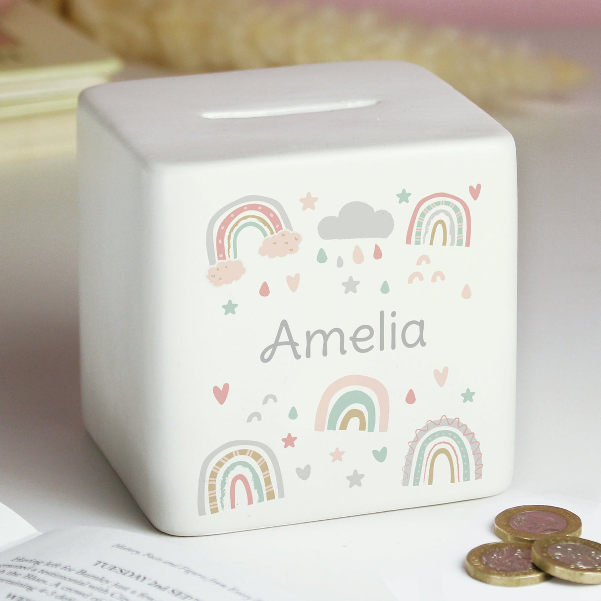 Personalised Rainbow Ceramic Money Box: 2 - Money Boxes By Gift Moments