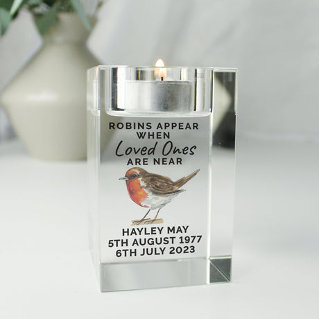 Personalised Robin Memorial Glass Tealight Holder: 6 - Candle Holders By Gift Moments