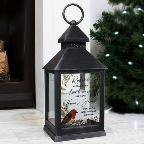 Personalised Memorial Black Lantern with Robins: 1 - LED Lighting By Gift Moments