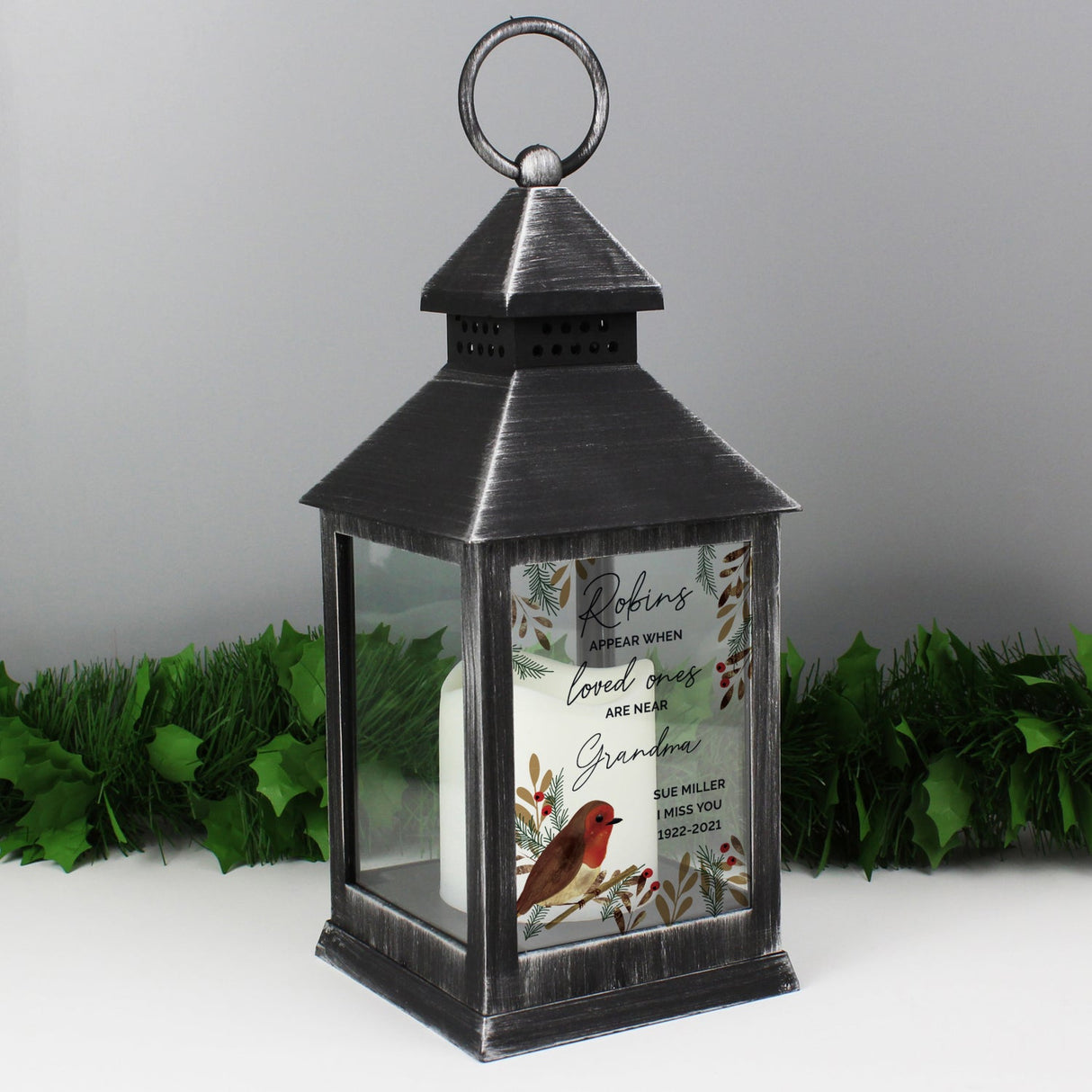 Personalised Memorial Black Lantern with Robins: 4 - LED Lighting By Gift Moments