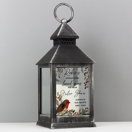 Personalised Memorial Black Lantern with Robins: 2 - LED Lighting By Gift Moments