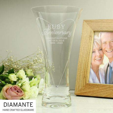 Personalised Ruby Anniversary Diamante Heart Vase: 2 - Vases By Gift Moments