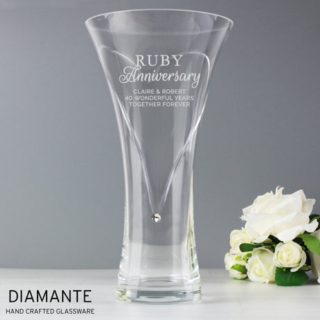 Personalised Ruby Anniversary Diamante Heart Vase: 1 - Vases By Gift Moments