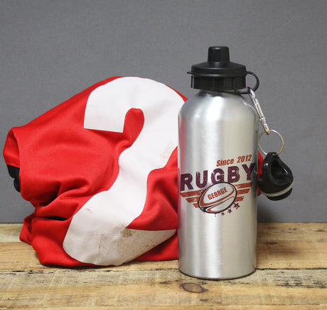 Personalised Silver Rugby Drinks Bottle: 1 - Kids Bottles By Gift Moments