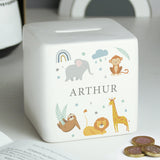 Personalised Safari Animals Ceramic Square Moneybox: 3 - Money Boxes By Gift Moments