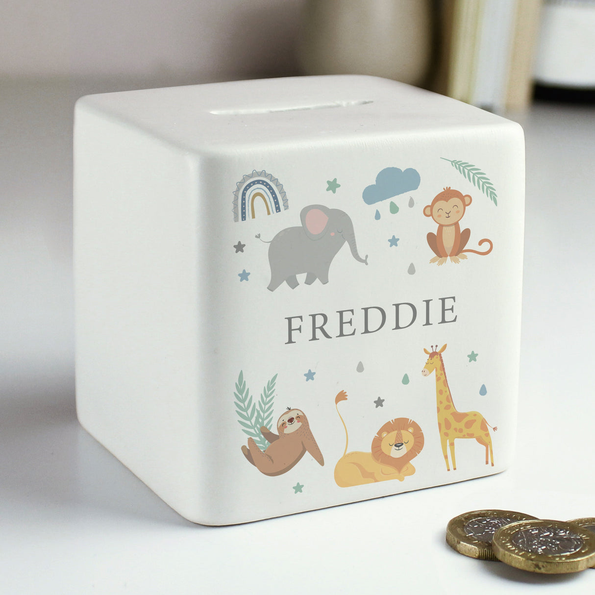 Personalised Safari Animals Ceramic Square Moneybox: 4 - Money Boxes By Gift Moments