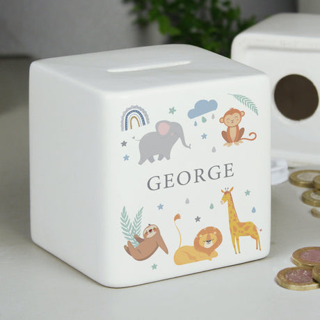 Personalised Safari Animals Ceramic Square Moneybox: 1 - Money Boxes By Gift Moments