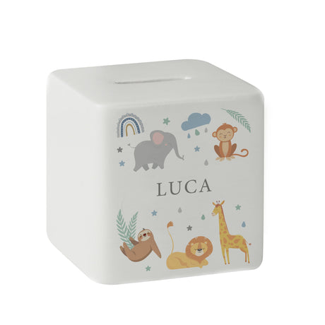 Personalised Safari Animals Ceramic Square Moneybox: 5 - Money Boxes By Gift Moments