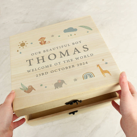 Personalised Safari Animals Wooden Keepsake Box: 3 - Keepsake Boxes By Gift Moments