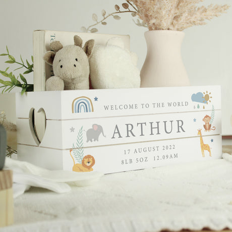 Personalised Safari Animals White Wooden Crate: 1 - Storage By Gift Moments