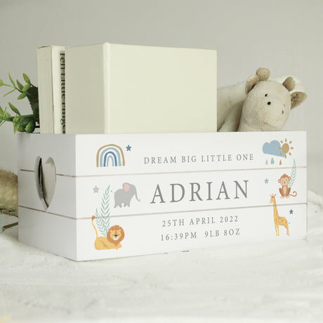 Personalised Safari Animals White Wooden Crate: 2 - Storage By Gift Moments