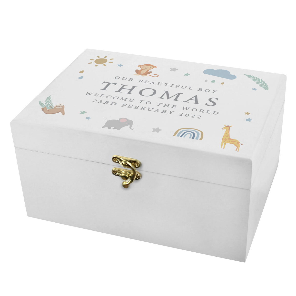 Personalised Safari Animals White Wooden Keepsake Box: 6 - Keepsake Boxes By Gift Moments