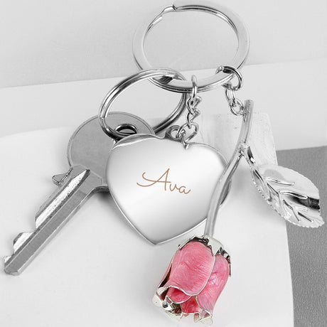 Personalised Silver Plated Name Keyring with Rose: 3 - Keyrings By Gift Moments