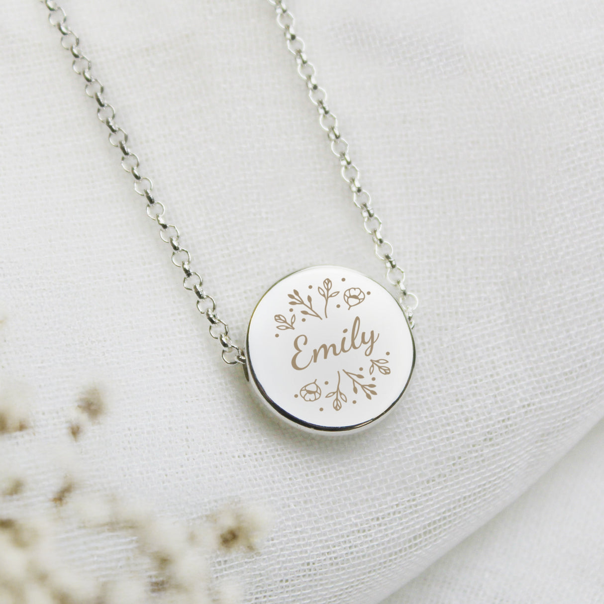 Personalised Silver Wild Flowers Disc Necklace: 1 - Necklaces By Gift Moments