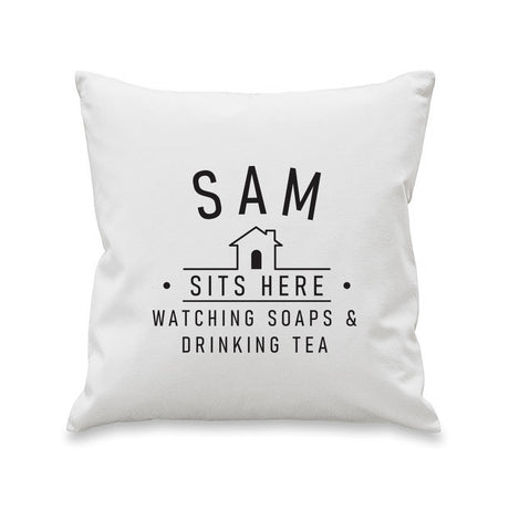 Personalised Linen ’Sits Here’ Cushion: 3 - Cushions By Gift Moments