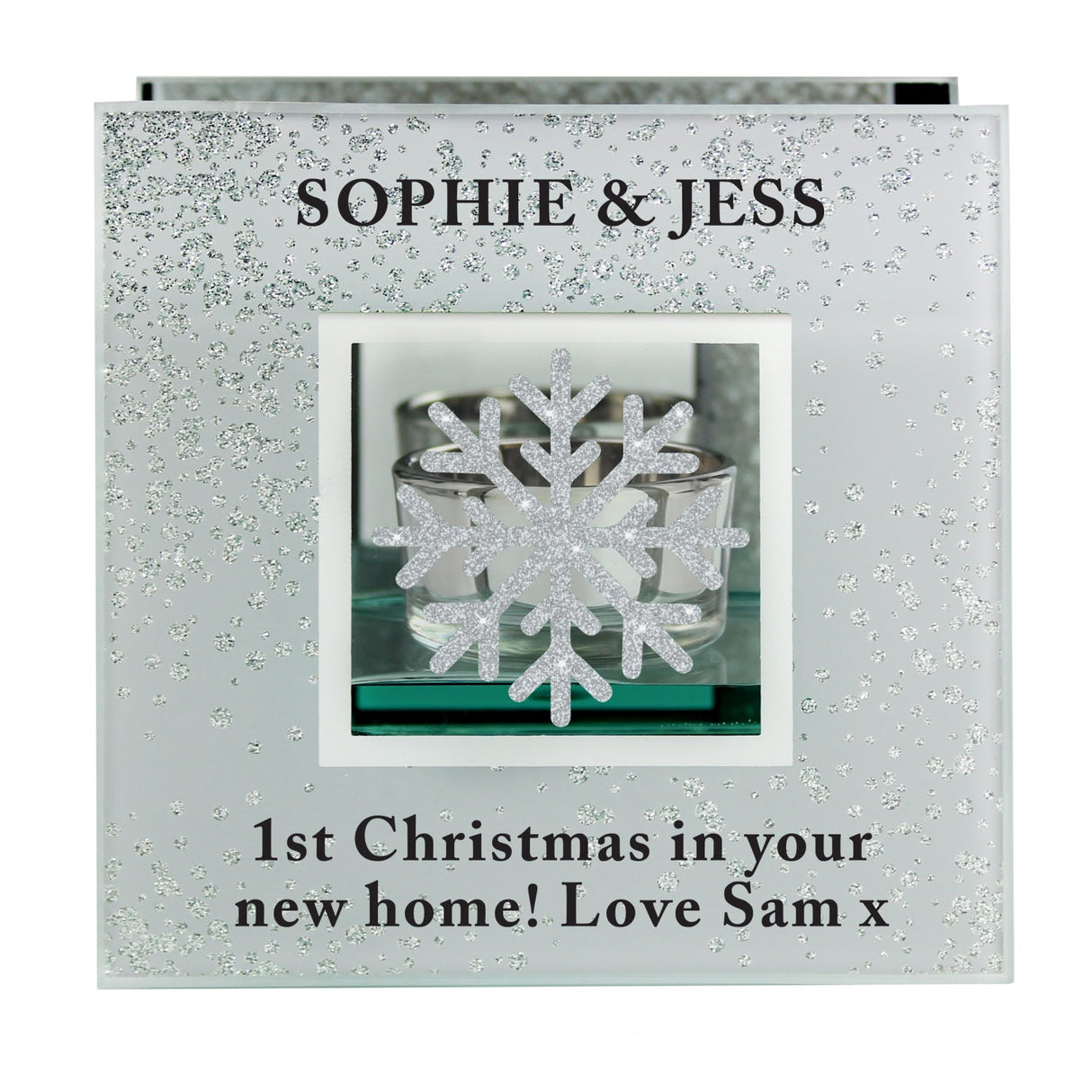 Personalised Snowflake Silver Glitter Tea Light Holder: 4 - Candle Holders By Gift Moments